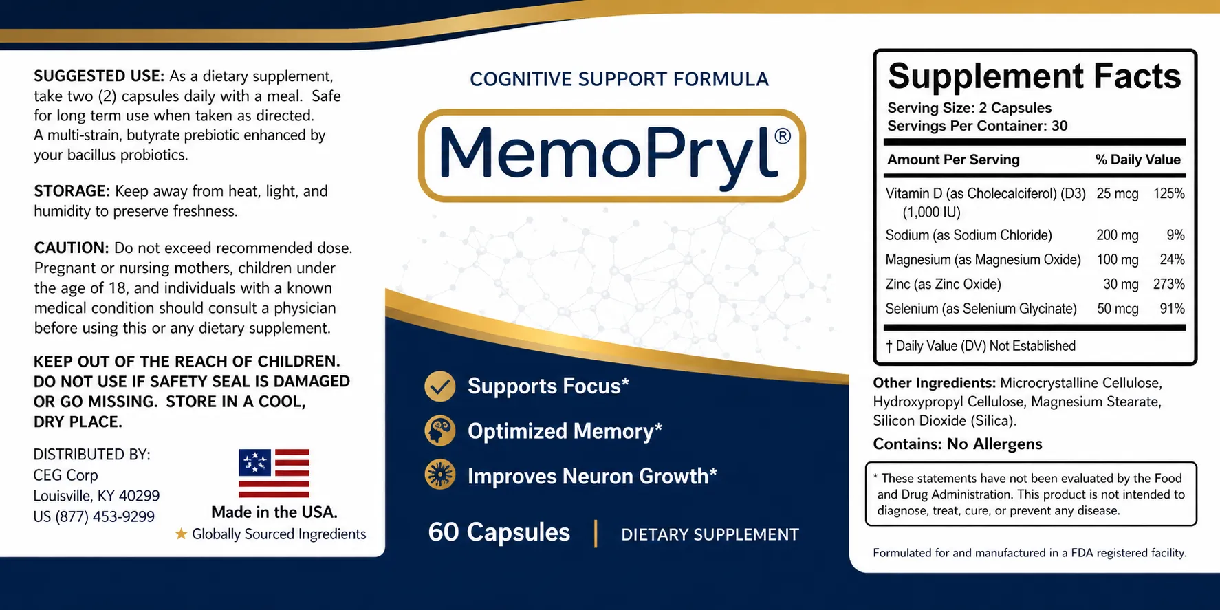 MemoPryl Supplement Facts label
